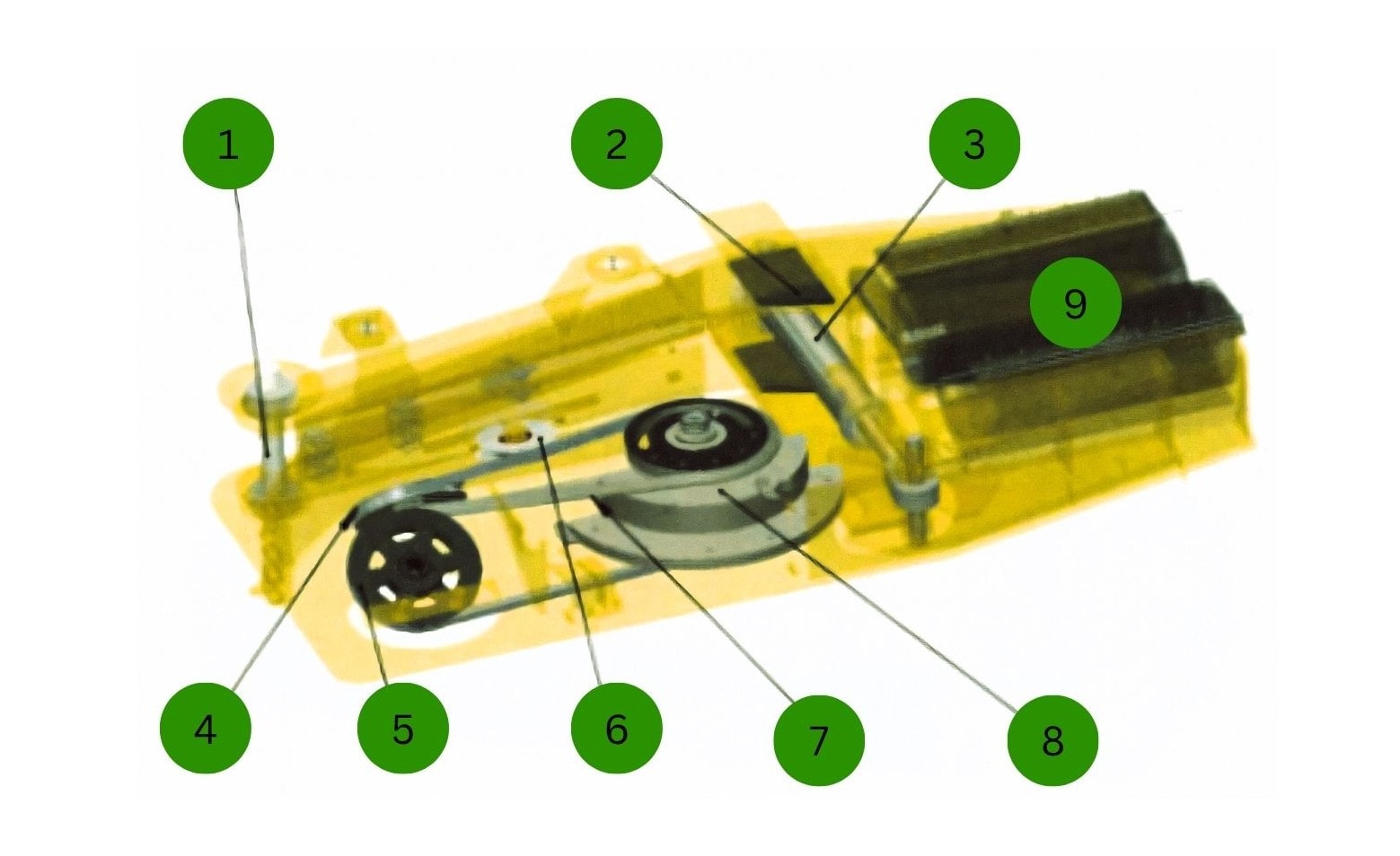 X-ray view of trunk shaker head showing internal components numbered 6 through 13